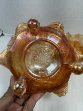 गैलरी व्यूवर में इमेज लोड करें, Antique Fenton Marigold Carnival Glass Panther Footed Berry Bowls Set of 3
