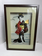Load image into Gallery viewer, Vintage Framed Japanese Oshie 3D Fabric Art — Geisha with Folding — vintage