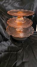 Load image into Gallery viewer, Vintage Pink Depression Glass Three-Tier Pedestal Server – Radiant Etched Laurel Pattern