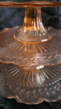 Load image into Gallery viewer, Vintage Pink Depression Glass Three-Tier Pedestal Server – Radiant Etched Laurel Pattern