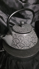 Load image into Gallery viewer, New Old Stock Cast Iron Tetsubin Teapot | Silver-Black Textured Floral Relief | Enamel Interior | Traditional Japanese Design | Pristine Unused Condition
