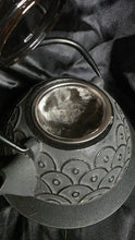 Load image into Gallery viewer, New Old Stock Cast Iron Tetsubin Teapot | Silver-Black Textured Floral Relief | Enamel Interior | Traditional Japanese Design | Pristine Unused Condition