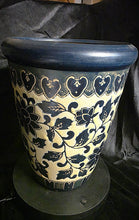 Load image into Gallery viewer, Vintage Hand-Painted Blue & Cream Art Pottery Planter with Floral Vine Motif