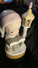 Load image into Gallery viewer, Vintage Enesco Nighttime Prayer Figurine Lamp / Musical Lighted Sculpture with Bird Lantern Accent