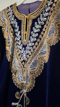 गैलरी व्यूवर में इमेज लोड करें, Hand-Embroidered Navy Velvet Kaftan Dress with Gold & Silver Threadwork, Long Formal Evening Gown