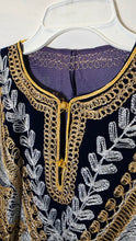 गैलरी व्यूवर में इमेज लोड करें, Hand-Embroidered Navy Velvet Kaftan Dress with Gold & Silver Threadwork, Long Formal Evening Gown