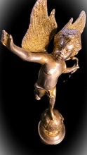 Load image into Gallery viewer, Vintage Heavy Solid Brass Cupid (Eros) Statue on Celestial Globe – 17” French Art Nouveau–Inspired Classical Sculpture