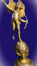 Load image into Gallery viewer, Vintage Heavy Solid Brass Cupid (Eros) Statue on Celestial Globe – 17” French Art Nouveau–Inspired Classical Sculpture