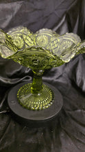 Load image into Gallery viewer, Vintage Imperial Glass Avocado Green Hobstar Pedestal Compote – Mid-Century Statement Bowl