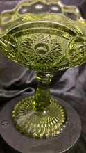 Load image into Gallery viewer, Vintage Imperial Glass Avocado Green Hobstar Pedestal Compote – Mid-Century Statement Bowl