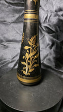 将图片加载到图库查看器,Vintage Black & Gold Hand-Etched Brass Vase – Indian Floral Motif