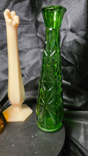 Load image into Gallery viewer, Mid-Century Glass Bud Vase Trio – Amber Hobnail Fenton, Satin Hand Westmoreland, and Emerald Starburst Anchor Hocking Set