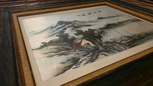 Load image into Gallery viewer, Vintage Chinese Shan Shui Landscape Painting on Silk – Hand-Painted Mountain & Lake Scene in Rustic Wood Frame