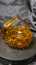 Load image into Gallery viewer, Vintage L.E. Smith Moon & Stars Amber Glass Split-Handle Basket – Mid-Century Pressed Glass Candy Dish