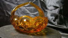 Load image into Gallery viewer, Vintage L.E. Smith Moon & Stars Amber Glass Split-Handle Basket – Mid-Century Pressed Glass Candy Dish