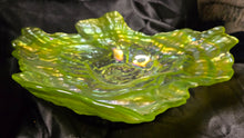 Load image into Gallery viewer, Vintage Iridescent Green Ruffled Art Glass Bowl – Carnival Style Freeform Dish