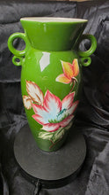 Load image into Gallery viewer, Vintage Japanese Hand-Painted Green Ceramic Vase – Twin Loop Handles, Lotus Floral Design