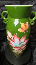 Load image into Gallery viewer, Vintage Japanese Hand-Painted Green Ceramic Vase – Twin Loop Handles, Lotus Floral Design