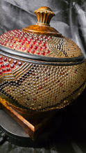 Cargar imagen en el visor de la galería, Ornate Resin Mosaic Lidded Jar – Red & Gold Beaded Decorative Accent Tureen