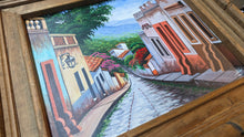 गैलरी व्यूवर में इमेज लोड करें, Vintage Signed Mexican Street Scene Oil Painting in Rustic Carved Wood Frame