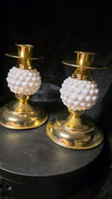 Load image into Gallery viewer, Vintage Milk Glass Hobnail & Brass Candlestick Holders – Made in Japan
