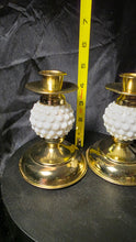 Load image into Gallery viewer, Vintage Milk Glass Hobnail & Brass Candlestick Holders – Made in Japan