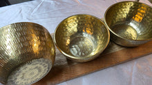 Load image into Gallery viewer, Mid-Century Modern Hammered Brass Triple Bowl Serving Set on Wood Tray