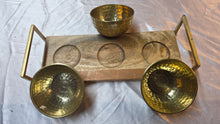 Load image into Gallery viewer, Mid-Century Modern Hammered Brass Triple Bowl Serving Set on Wood Tray