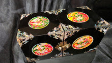 गैलरी व्यूवर में इमेज लोड करें, Vintage Asian Black Lacquer Folding Jewelry Box with Mother of Pearl Inlay
