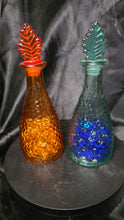 Load image into Gallery viewer, Vintage Hammered Glass Bottle Set Amber & Teal Leaf Stopper Decanters