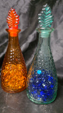 Load image into Gallery viewer, Vintage Hammered Glass Bottle Set Amber & Teal Leaf Stopper Decanters