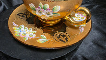 Load image into Gallery viewer, Vintage Bohemian Art Glass Teacup and Saucer Gold Gilt Enamel Floral Set