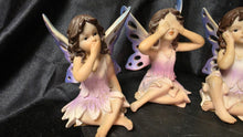 Cargar imagen en el visor de la galería, See Hear Speak No Evil Fairy Figurines Set of 3 Purple Winged Trio