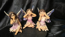 Cargar imagen en el visor de la galería, See Hear Speak No Evil Fairy Figurines Set of 3 Purple Winged Trio