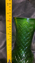 Load image into Gallery viewer, Vintage Hoosier Glass Emerald Green Quilted Diamond Hourglass Vase
