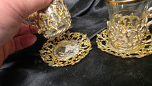 Load image into Gallery viewer, Bazark Metal Luxe Turkish Tea Glass Set Gold Filigree Cups & Saucers Pair