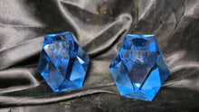 Load image into Gallery viewer, Vintage Faceted Sapphire Blue Glass Candle Holders Pair Geometric Crystal Style