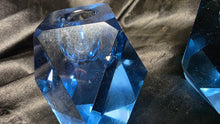 Load image into Gallery viewer, Vintage Faceted Sapphire Blue Glass Candle Holders Pair Geometric Crystal Style