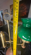 Load image into Gallery viewer, Vintage Brass Student/Oil Lamp Style Electric Table Lamp with Green Glass Shade