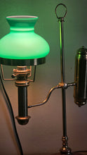 Load image into Gallery viewer, Vintage Brass Student/Oil Lamp Style Electric Table Lamp with Green Glass Shade