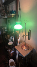 Load image into Gallery viewer, Vintage Brass Student/Oil Lamp Style Electric Table Lamp with Green Glass Shade