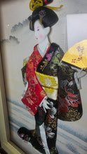 Load image into Gallery viewer, Vintage Japanese Oshie Geisha Shadow Box Silk Kimono Wall Art Framed
