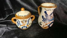 Load image into Gallery viewer, Vintage Tonalá Mexico Pottery Sugar Bowl & Creamer Set Puerto Vallarta Owl Bird Folk Art