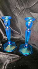Load image into Gallery viewer, Vintage Fenton Celeste Blue Stretch Glass Colonial Candlesticks Pair