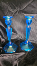 Load image into Gallery viewer, Vintage Fenton Celeste Blue Stretch Glass Colonial Candlesticks Pair