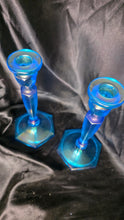Load image into Gallery viewer, Vintage Fenton Celeste Blue Stretch Glass Colonial Candlesticks Pair
