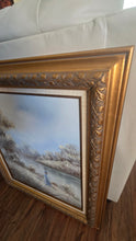 गैलरी व्यूवर में इमेज लोड करें, Vintage "Livesey" Framed Landscape Oil Painting – Mother & Child Riverside Scene – 32.5" x 28"