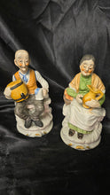 गैलरी व्यूवर में इमेज लोड करें, Vintage Hand-Painted Bisque Porcelain Elderly Couple Figurine Set – Peasant Man & Woman