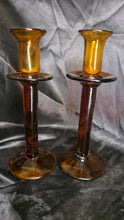 Charger l'image dans la galerie, Pair of Vintage Mid-Century Amber Art Glass Candlesticks 9" Two-Tone Hand Blown