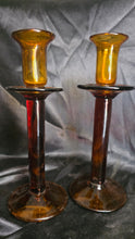 Charger l'image dans la galerie, Pair of Vintage Mid-Century Amber Art Glass Candlesticks 9" Two-Tone Hand Blown